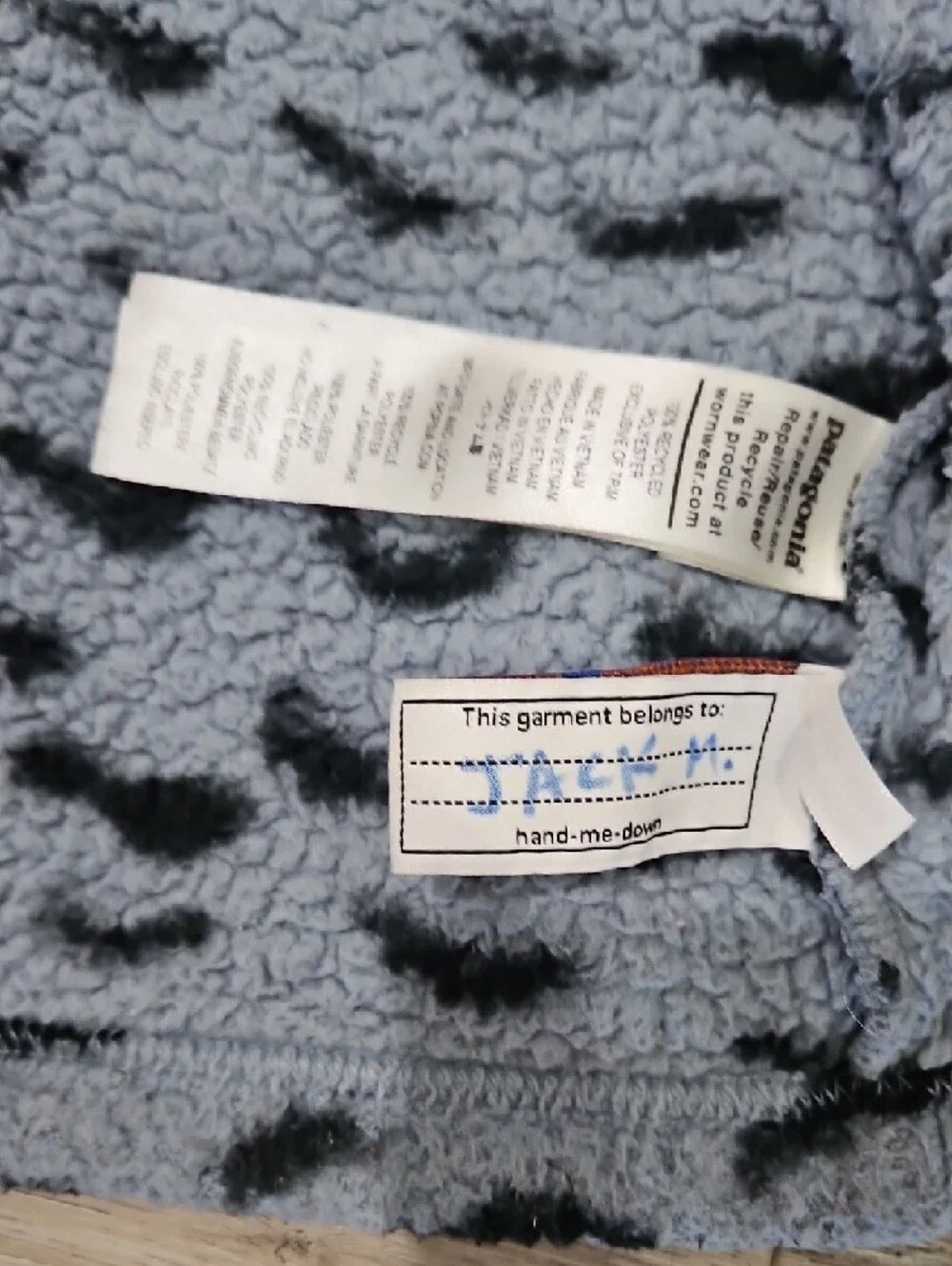 Patagonia Kids Gray Blue Fuzzy Zip Hoodie with Black Spot Pattern And Ears 3t